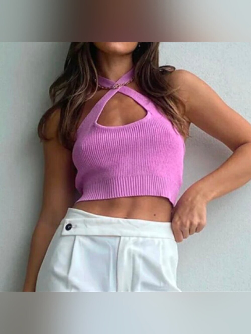 *NWOT*  MADISON THE LABEL Pink Knit Sleeveless Halter Wrap Crop Top